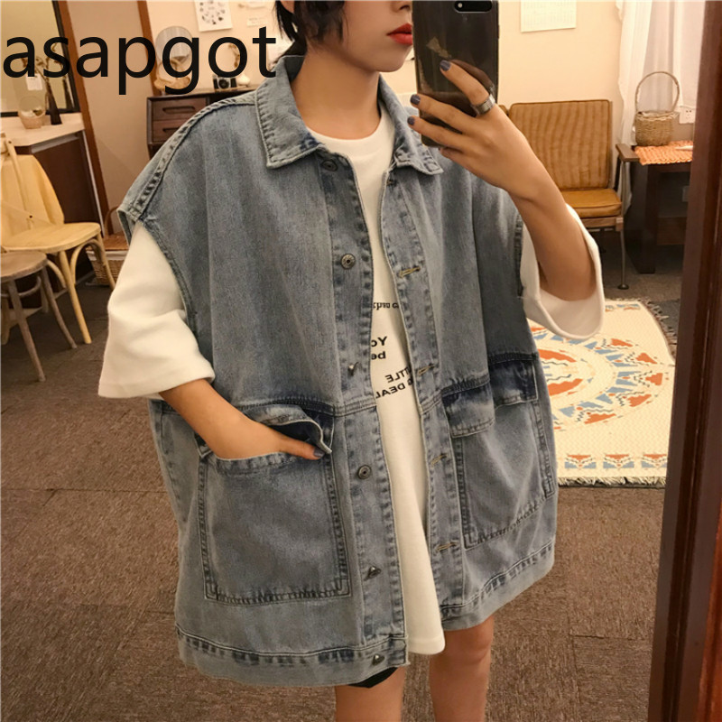 

Autumn Korean Vintage Coats & Jackets Vests Denim Chic Wild BF Loose Sleeveless Womens Vest Jeans Plus Size Chalecos Para Mujer, Blue