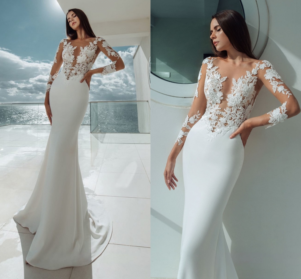 Sexy Appliques Sheer Boho Satin Wedding Dresses 2020 Beach Long Sleeve Bohemian Bridal Wedding Dress Bride Mermaid Wedding Gowns