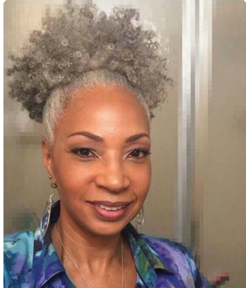 

Fashion gray hair ponytail extension silver grey afro bun or puff kinky curly drawstring human hair ponytails clip in real hair Hot sale
