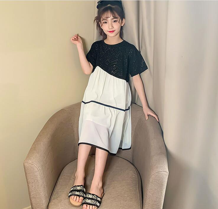 

Girls Summer Dress 2020 New Short Sleeves Patchwork Dresses Cute Kids Clothing Sweet Princess Dress Teenage Clothes, Black