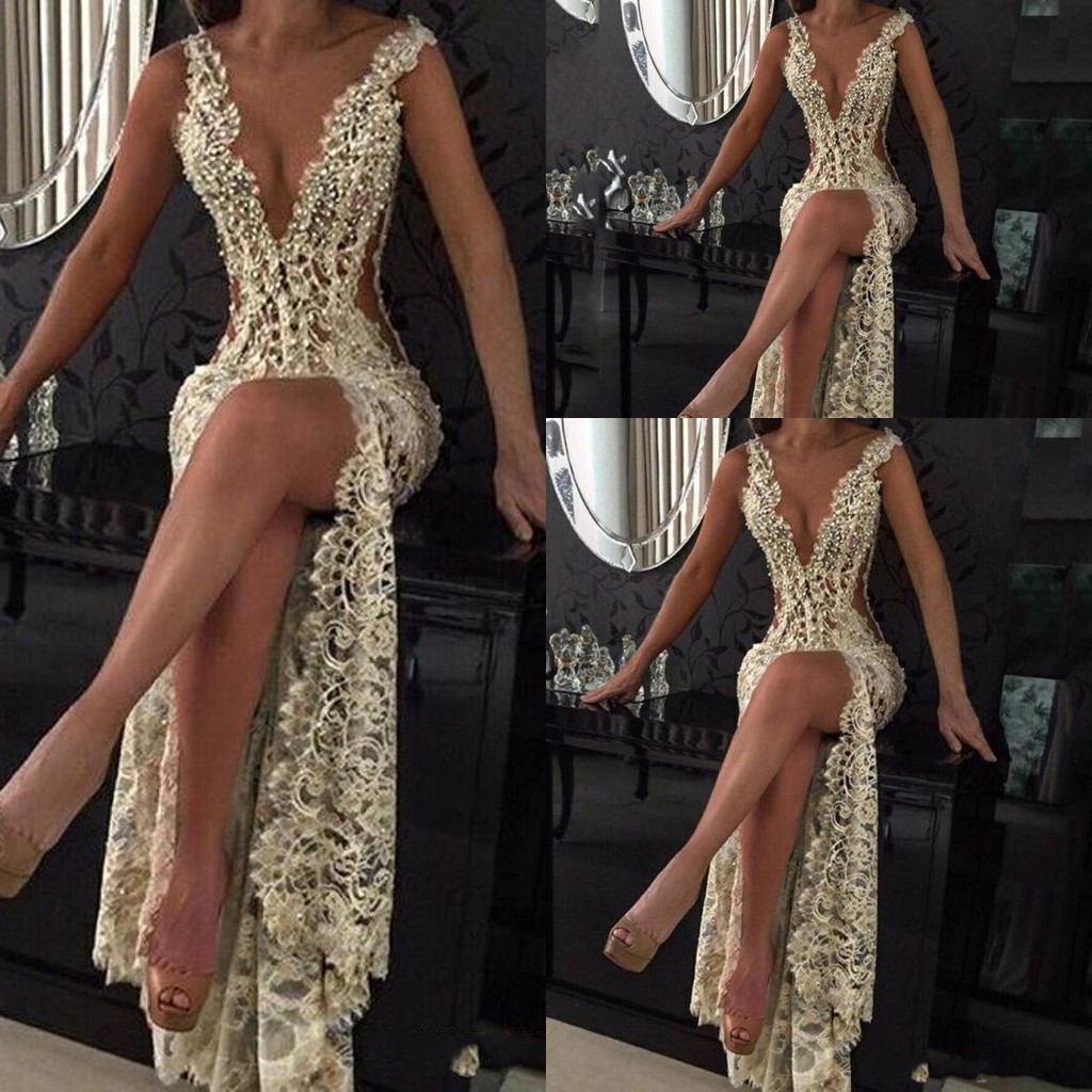 

Evening Dresses Wear New Sexy Illusion V Neck Lace Appliques Crystal Beads Prom Dress Mermaid Cutaway Sides Sweep Train Formal Party Gowns, Water melon