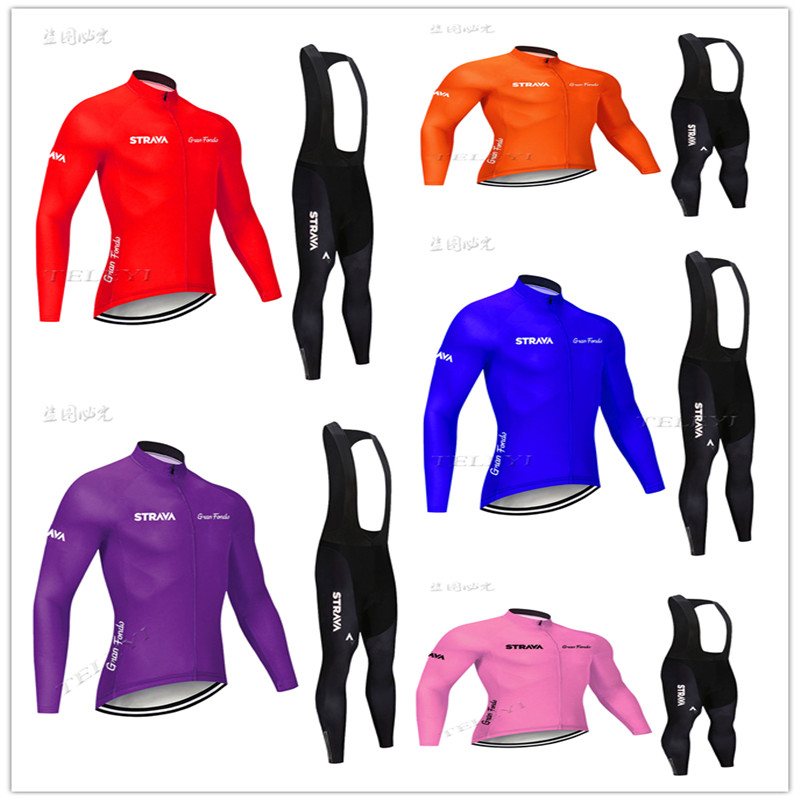 

2020 Pro Team STRAVA Thermal sleeve Cycling Clothes Men Long Sleeve Jersey Suit Outdoor Riding Bike MTB Clothing Bib Pant