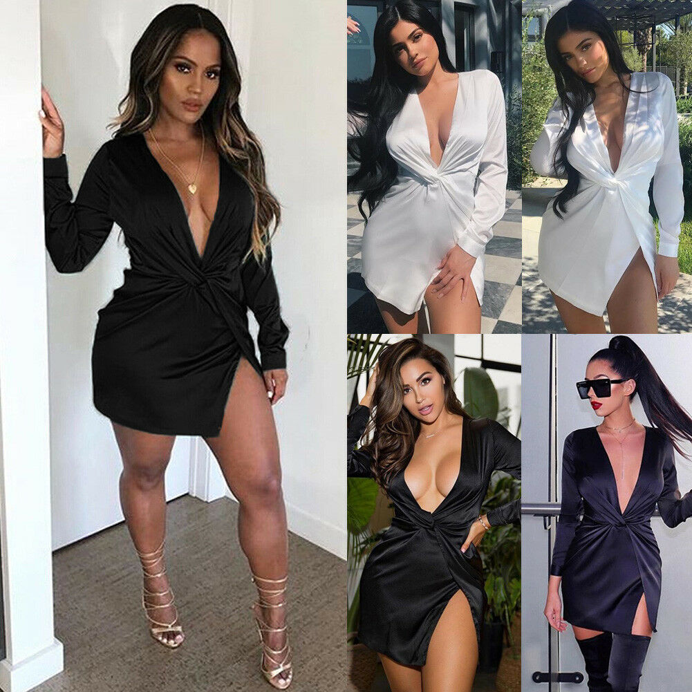 

Women Sexy Deep V-Neck Bandage Bodycon Evening Party Cocktail Club Mini Dress, Black