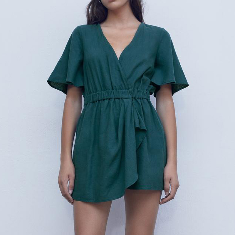 

AGong Casual V Neck Jumpsuits Women Fashion Green Ruffles Jumpsuit Women Elegant Flare Sleeve Short Jumpsuits Female Ladies HC, Zrjp7465