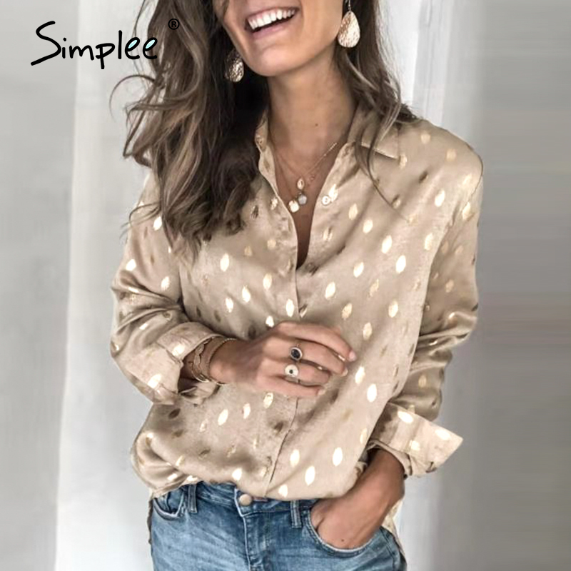 

Simplee Elegant dot women blouse shirt Spring summer long sleeve female tops blouse Casual streetwear ladies work wear top shirt, Beige