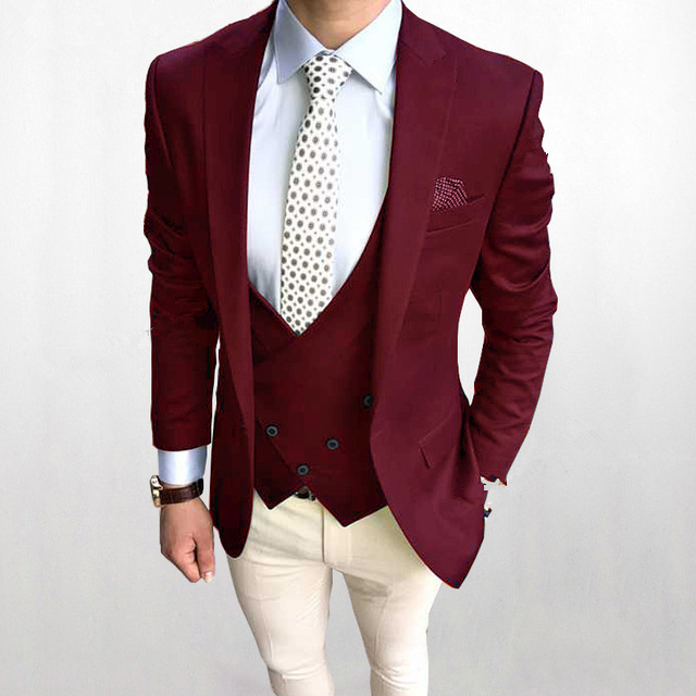 

Handsome Groomsmen Burgundy Groom Tuxedos Mens Wedding Dress Man Jacket Blazer Prom Dinner 3 Piece Suit(Jacket+Pants+Tie+Vest) A49, Same as image