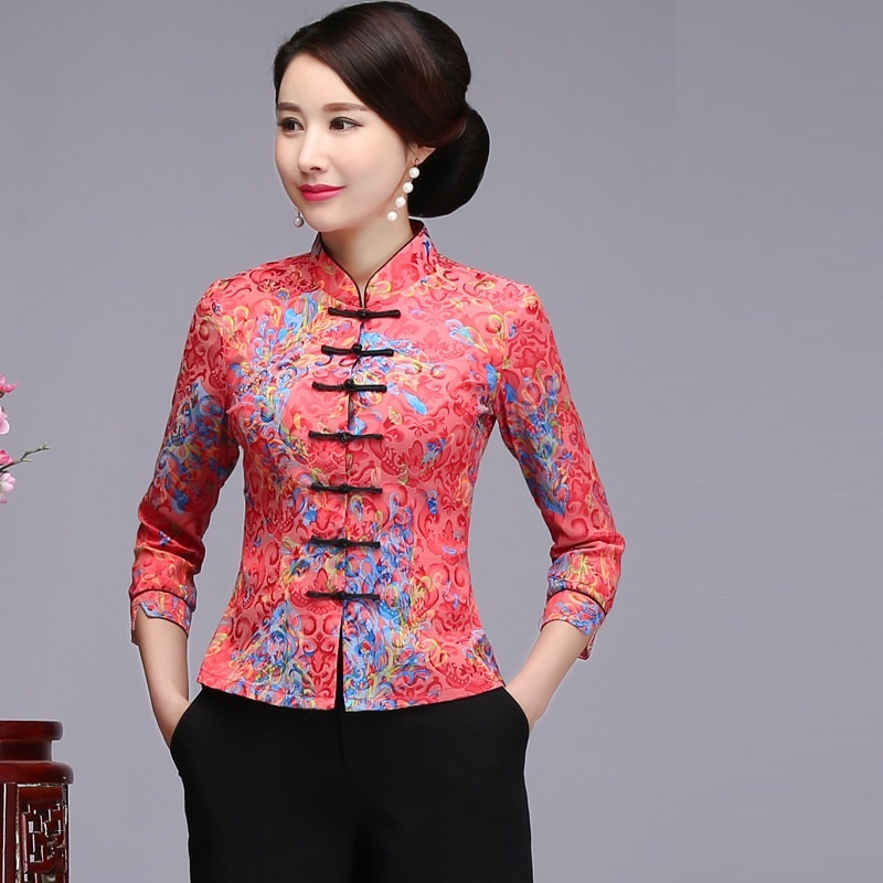 

Chinese Cheongsam Tops Tang Suit 3/4 Sleeve Top Floral Cheongsam Shirt Qipao Top Faux Silk Chinese Blouse For Women TA2184