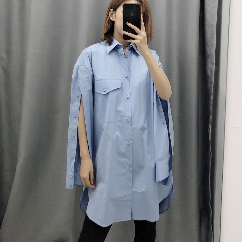 

Loose and Long Shirt Women Autumn 2019 New Fashion Button Slit Long Sleeve Shirts Modern Wide Tops, Blue