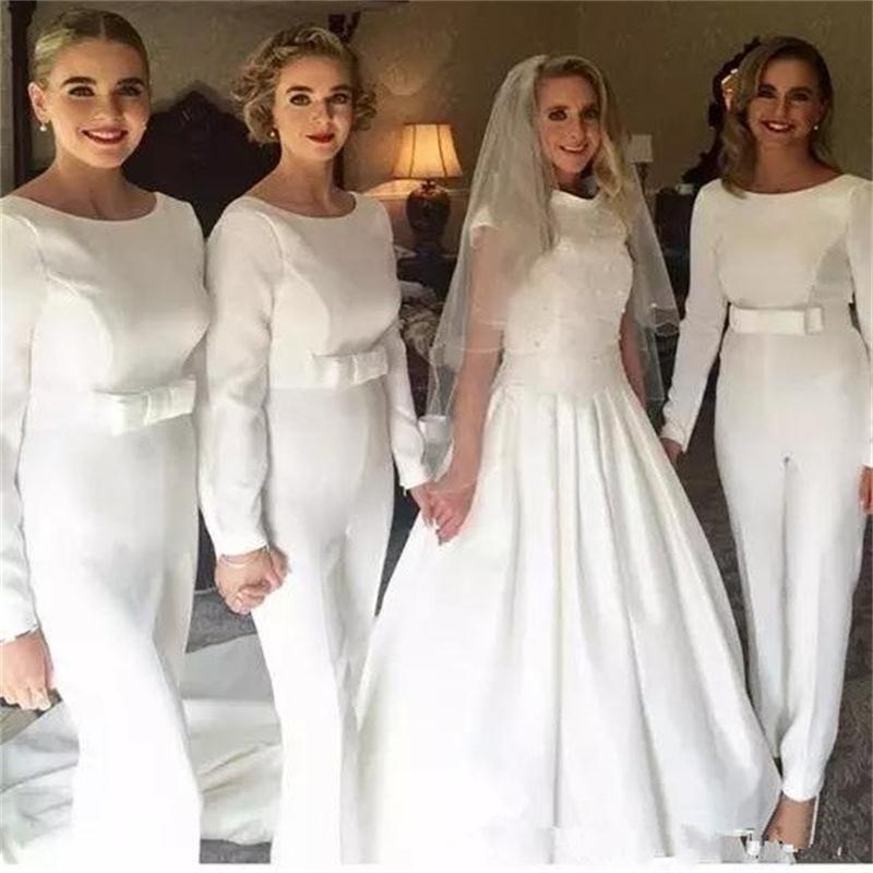 

2019 White Pants Jumpsuit Bridesmaid Dresses Pant Suits Bateau Neck Long Sleeve Outfit Evening Gowns With Bow Waistband Wedding Guest Dress