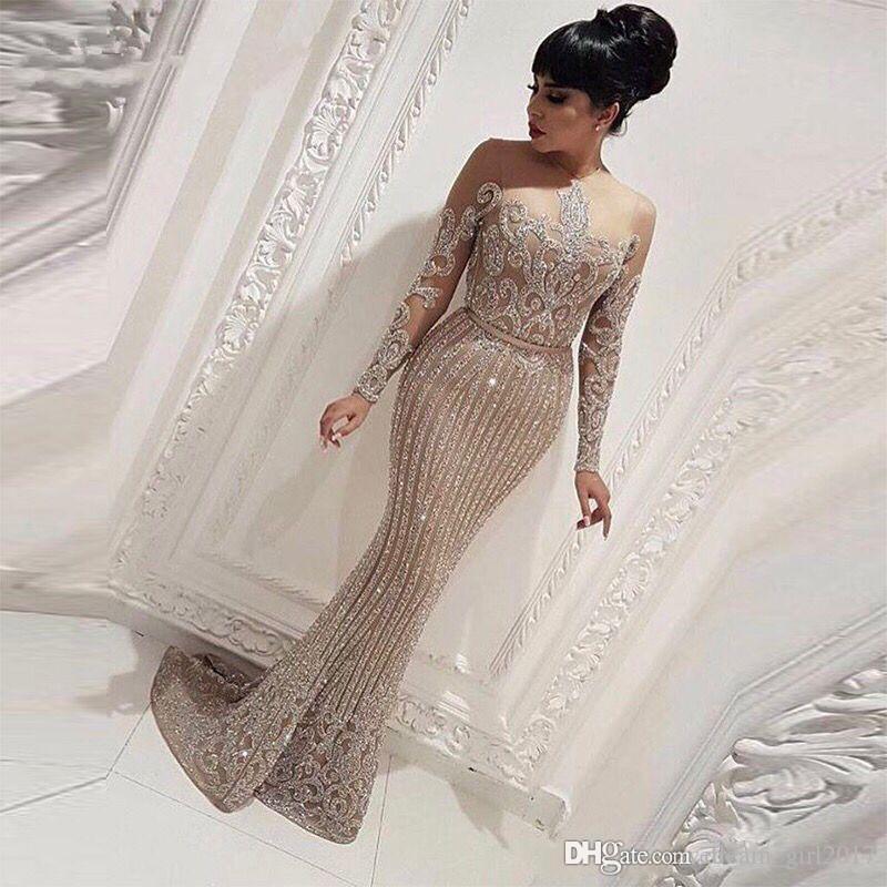 

Long Sleeve Gold Sequined Mermaid Arabic Dubai Woman Evening Dresses 2019 Prom Dress Party Gowns Plus Size Abendkleider robe de soiree, White