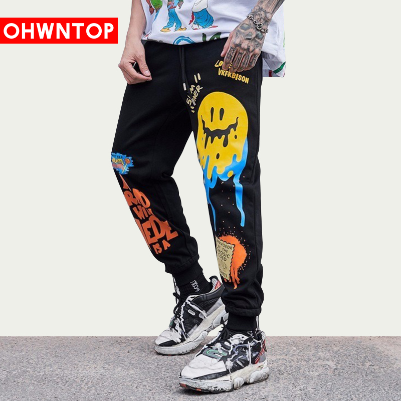 

Hip Hop Joggers Pants Graffiti Spoof smile Print Pants Streetwear Men Harajuku Sweatpants Spring Summer Track Pant Soft Trousers, Black