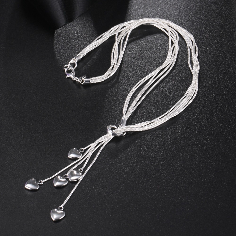 

925 Sterling Silver Heart Pendant Long Necklace Elegant Jewelry for Ladies Muliti Chain Wedding Evening Party Accessories