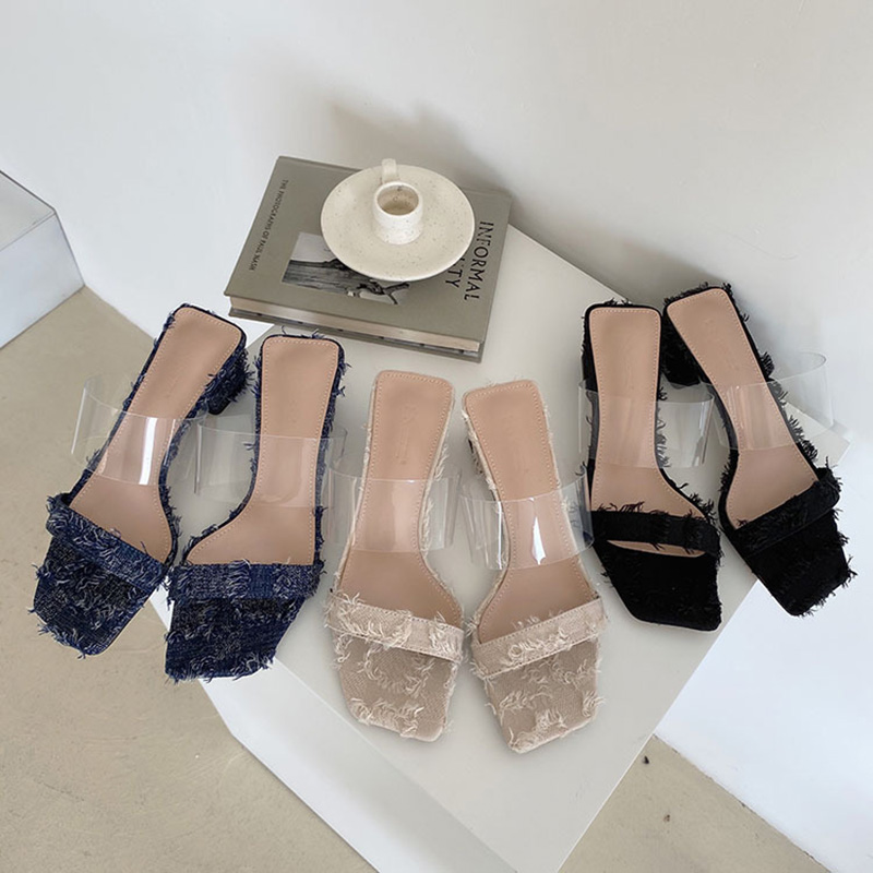 

double band denim tassel sandals women chunky heel clear belt slippers women transparent gladiator sandalias mujer fringe slides, Beige