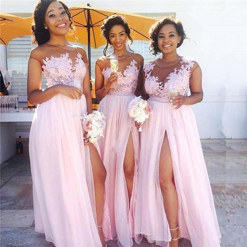 

Flowy Chiffon Pink Long Bridesmaid Dresses Sheer Neck Cap Sleeves Appliqued Illusion Bodice Sexy Split Summer Maid Of Honor Gowns