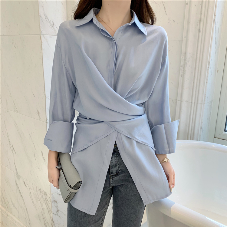 

ZOSOL 2020 New Style Feminine Cool Cross Fold-down Collar Long-sleeved Shirt, Blue