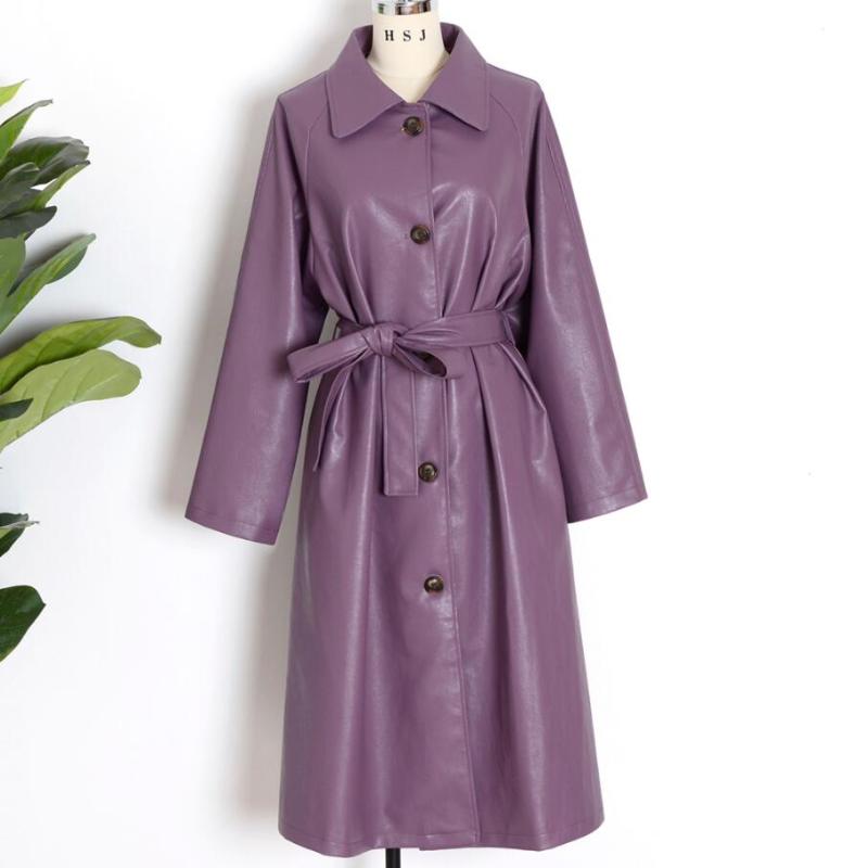 

Women's Trench Coats 2021 Spring Autumn Fashion Purple Pu Leather Coat Women Single Breasted Belted Long Windbreaker Jacket