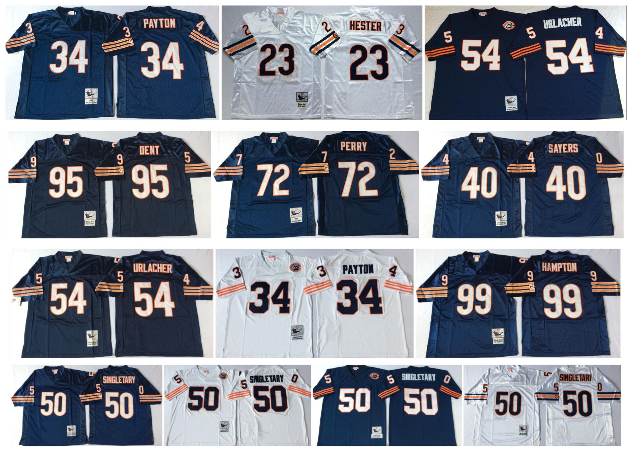 

Retro Jersey 23 Devin Hester 34 Walter Payton 54 Brian Urlacher 40 Gale Sayers 50 Mike Singletary 51 Gale Butkus 72 Perry M&N Football, White big number