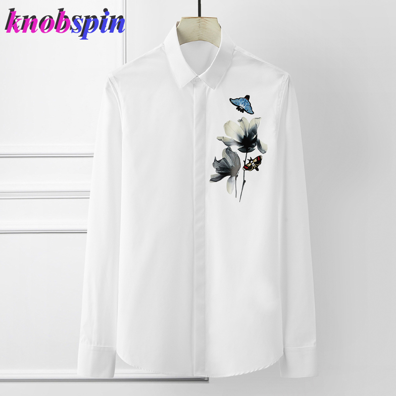 

China Style Printed Shirt men Bee Embroidery Long sleeve Solid Slim Business male dress shirts 80% Cotton Brand men's Clothings, Black