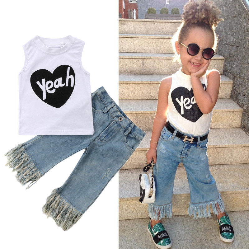 

Fashion Toddler Baby Kids Girl Vest Top 2PCS T Shirt+ Jeans Denim Pants Outfits Set Casual Pop Clothes 1-5Y, White