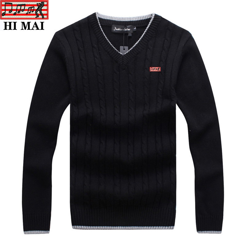 

100% cotton V-Neck Pullovers Long Sleeve Sweaters Pullovers Men Autumn Winter High Quality Solid Outwear Fit Knitting Clothing, Black