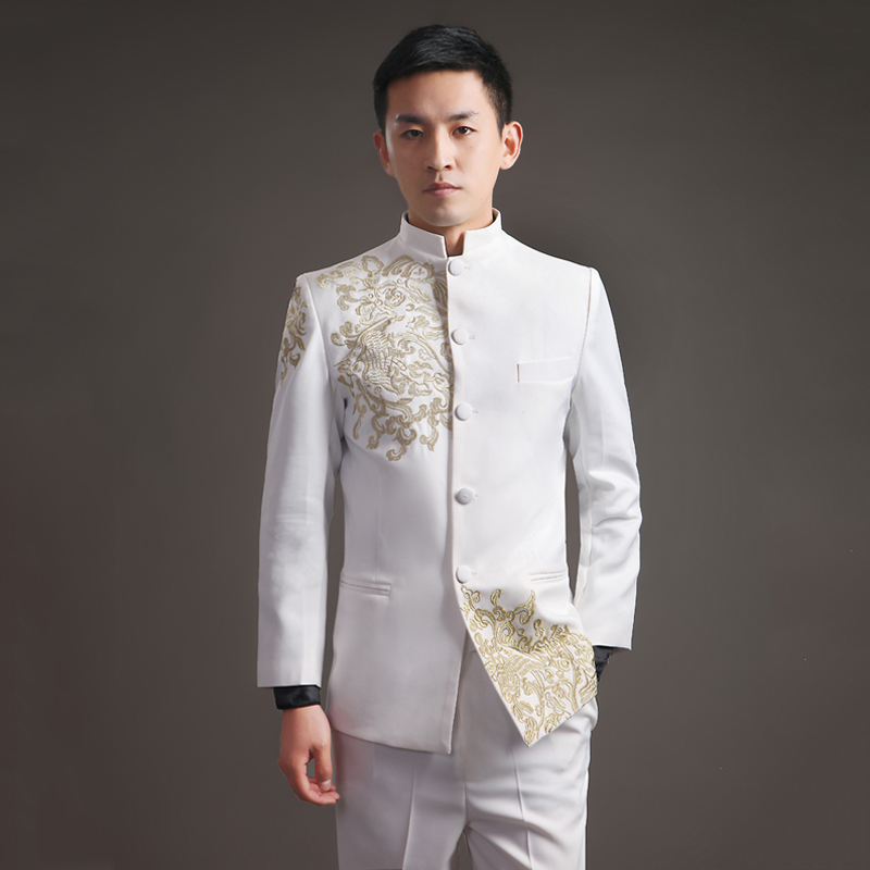 

Black White Men's Suits Chinese style Gold Embroidery Clothing Blazers Prom Host Stage Outfit Male Singer Teams Chorus Wedding Costume