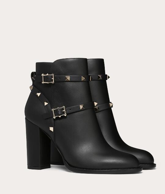 [Original Box] Elegant Brand Sexy Women's Rock Stud Ankle Boot Black Genuine Leather Bottes Top quality Boots Lady Classic Booties EU35-43