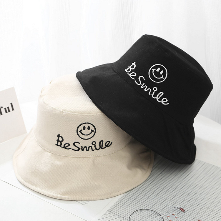

LVYI 047 Newest women cotton smile embroidery bucket hat Adult floppy fishing fisherman cap Panama Sun hat gorros, Only one side