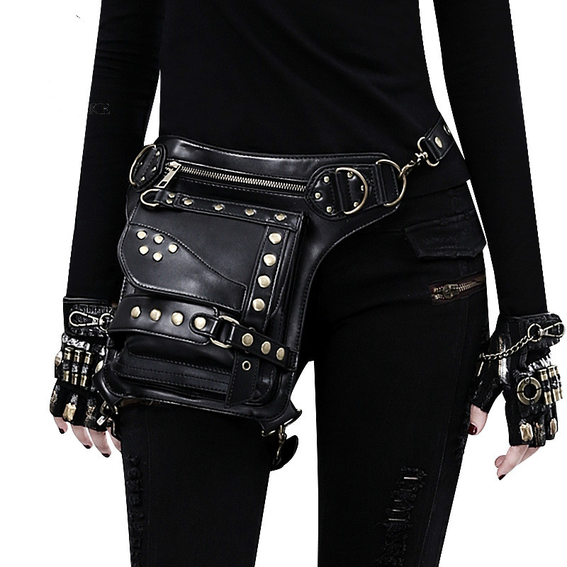 

Hot sale steampunk new women's bag vintage shoulder Messenger bag female waist packs men, Black