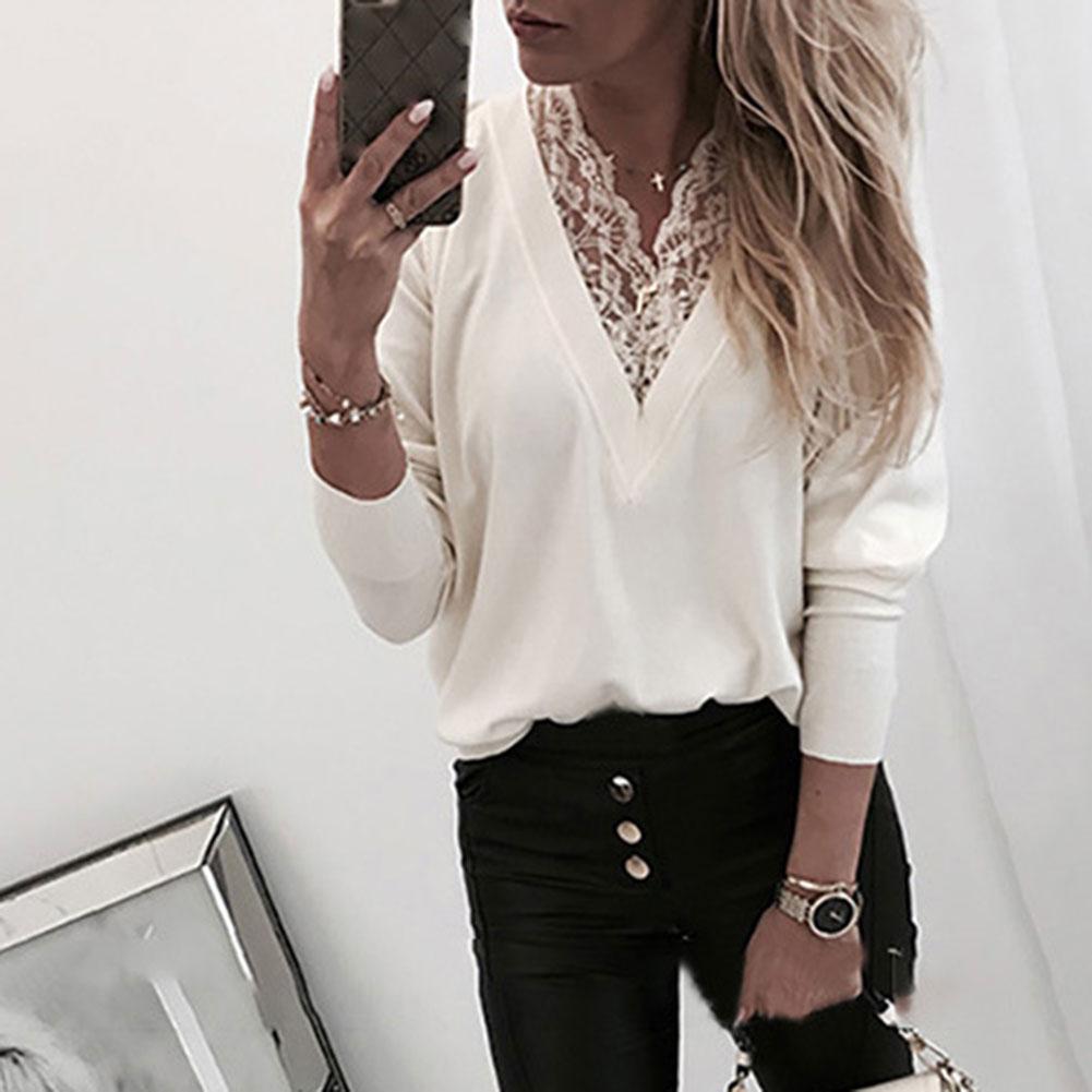 

Women Knitwear Shirt Blouse V-neck Long Sleeve Lace Stitching Sweater Casual Tops, White