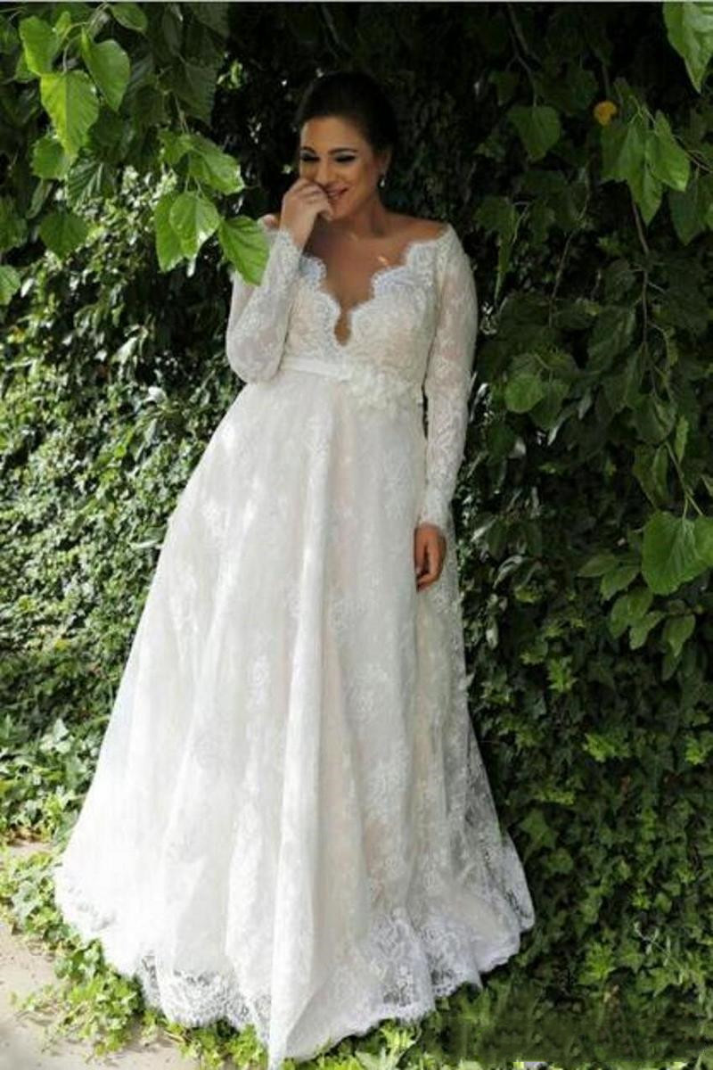 

2022 Plus Size Long Sleeve Beach Wedding Dress Lace A Line Bridal Gowns V Neck Country Dresses Vestidos De Novia, Dark red