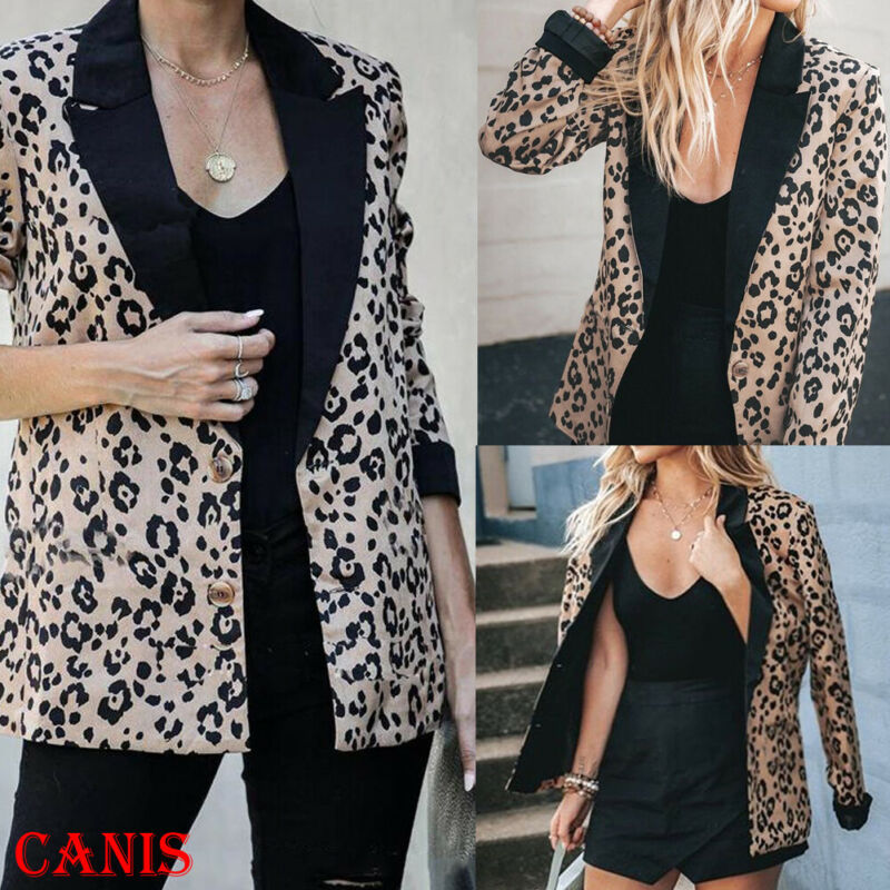 

Women' Lapel Suit Career Leopard Blazer Outwear Long Sleeve Overcoat Jacket, Gray