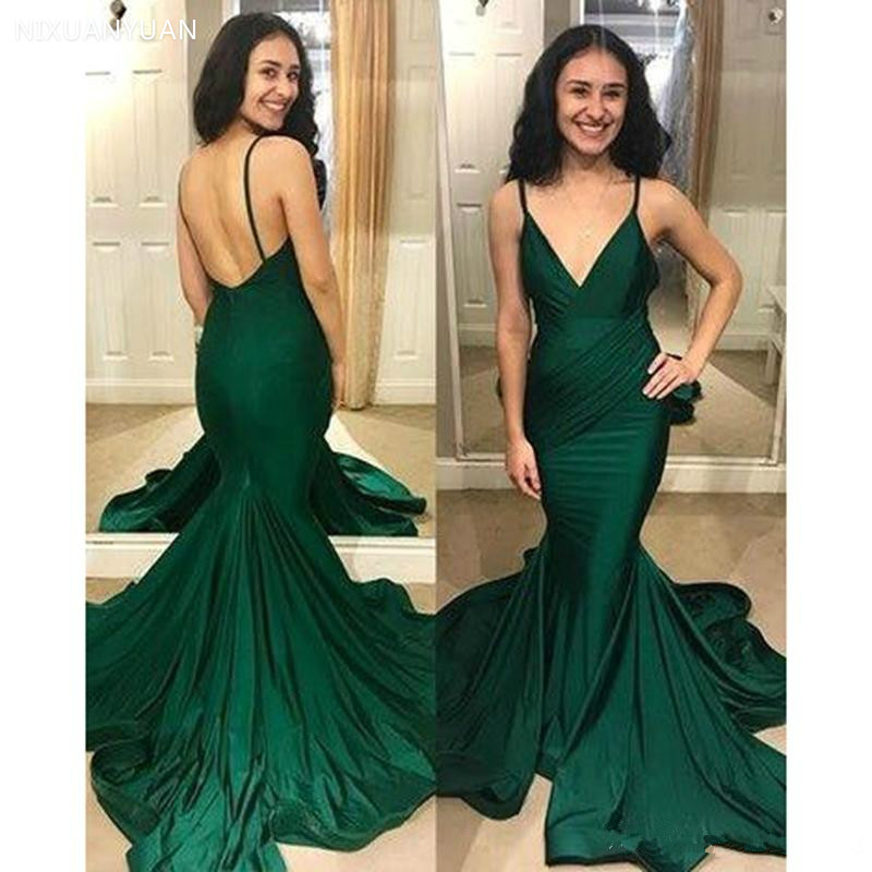 

Sexy Fashion V Neck Mermaid Prom Dress Green Backless Spaghetti Straps Sweep Train Formal Long Evening Dresses Vestido De Noche