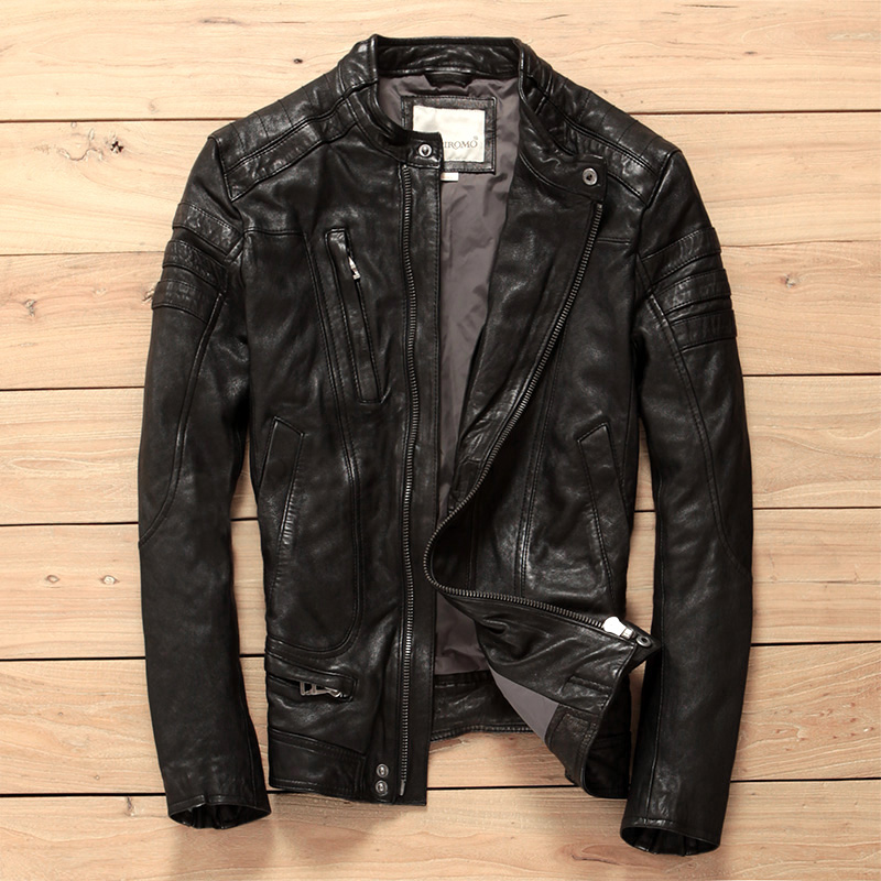 

slim Korean fahsion fit genuine stand collar diagonal zipper brand motorcycle jacket for men leather clothing, Black