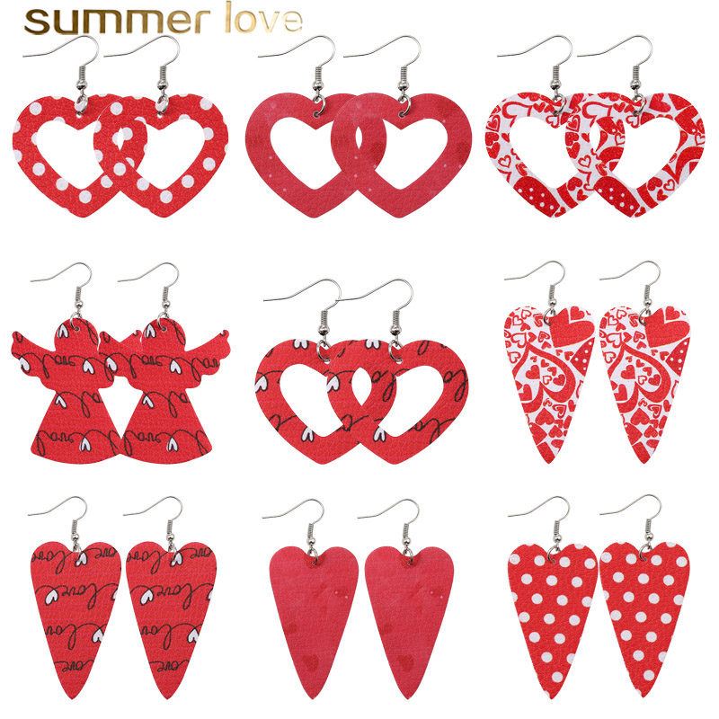 

Red Heart Hollow Design Drop Earrings Faux Leather Angel Print Double Side Light Weight Dangle Earring Geometric Statement Jewelry Gift