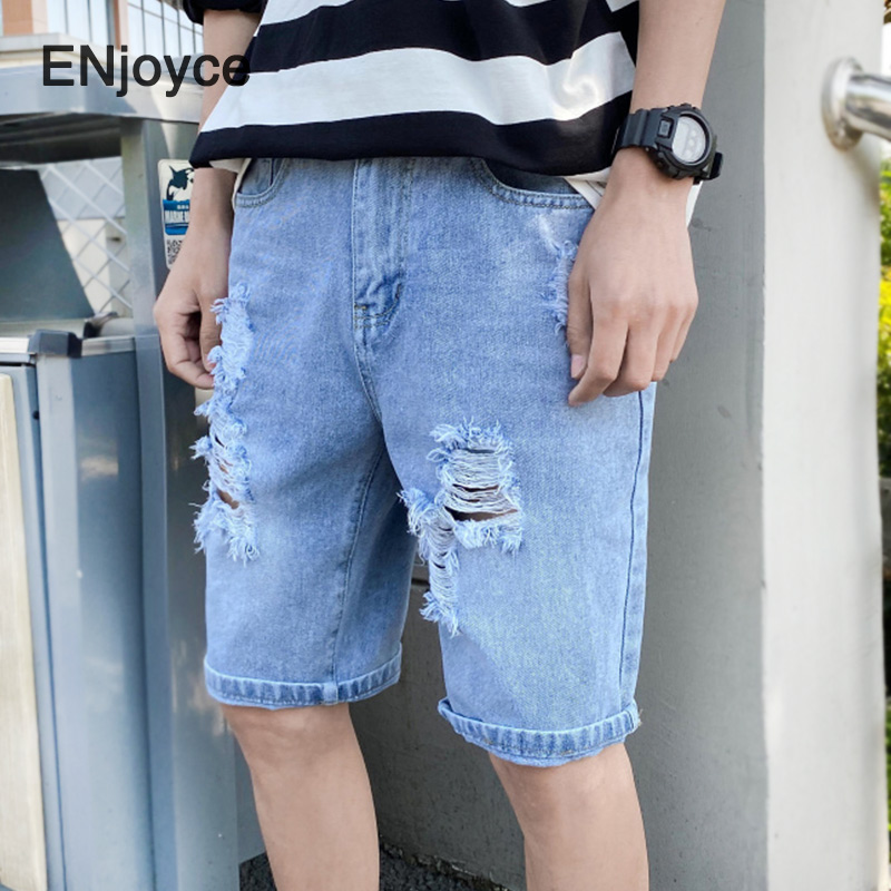 

2020 Summer New Classic Men's Jeans Shorts Fashion Casual Ripped Holes Elastic Regular Fit Denim Short Pant Male Black Blue