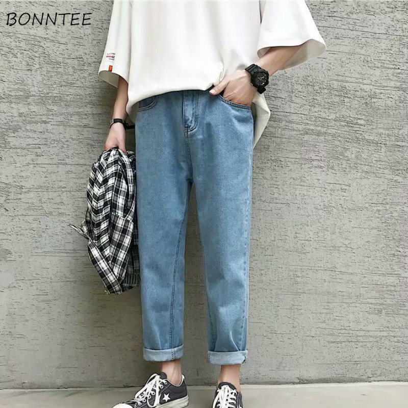 

Men Jeans Straight Simple Solid Ankle-length Trendy Mens All-match Plus Size 4XL Leisure Korean Style Loose Harajuku New, Dark blue