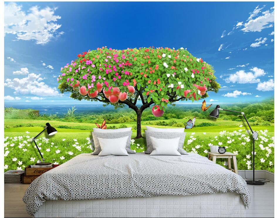 

WDBH custom photo mural 3d wallpaper Fresh grass apple tree background living room home decor 3d wall murals wallpaper for walls 3 d, Non-woven