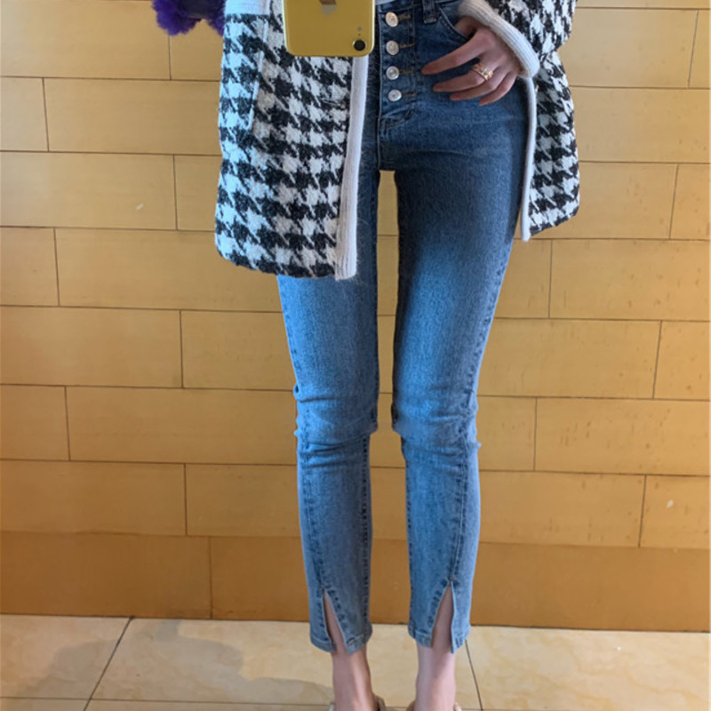 

Spot 2020 South Korea East Gate blue front breasted slim fit 9 split underpants jeans 9 split pants women's wear, See chart