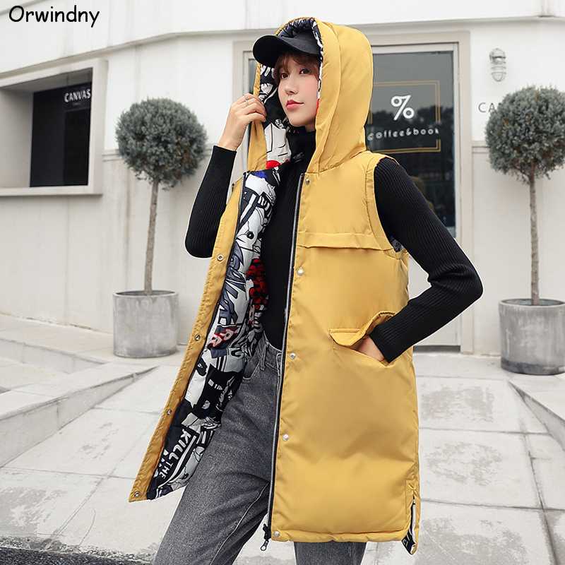 

Winter Vest Women 2020 Casual Plus Size 3XL Long Waistcoat Outwear Sleeveless Cotton Padded Jacket Coat Hooded Gilet Orwindny, Black