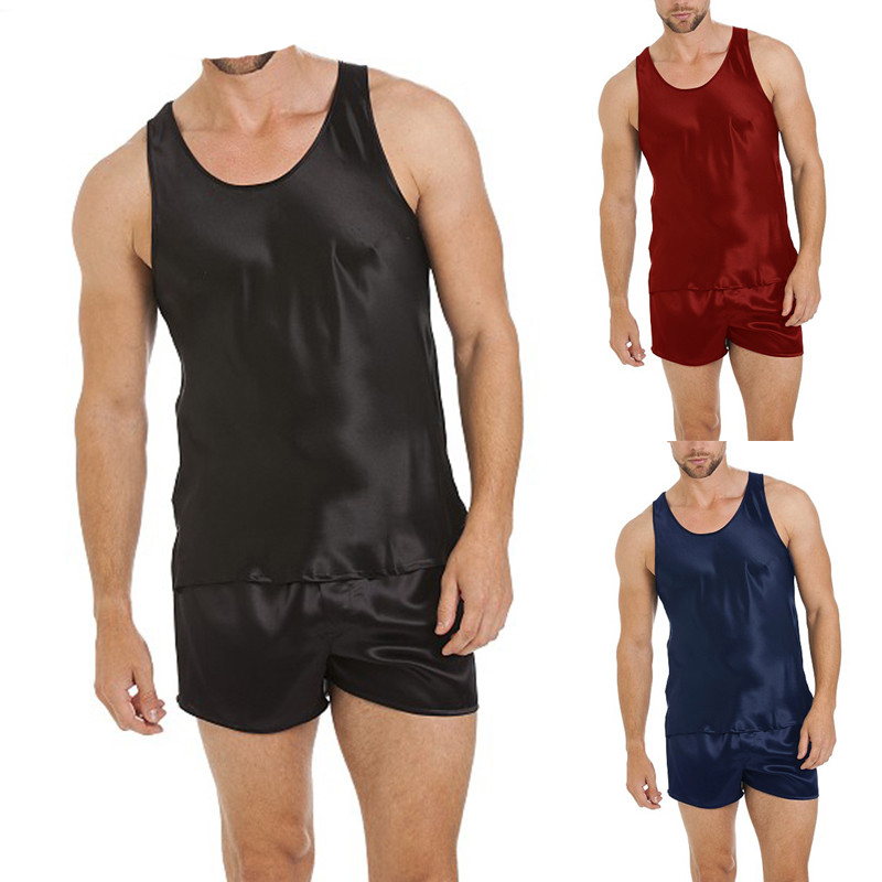 

Fashion 2019 Men Stain Silk Pajamas Set Soft Summer 2pcs/set Sleepwear Robe Sleeveless Tank Shorts Soft Lounge Nightgown Hombre, Black