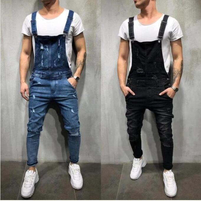 

E-Baihui 2021 Europe America Style Hole Loose Overalls Jeans Long Pants Men's Denim Jeans High Quality Sling Black Trousers 207, Dark blue