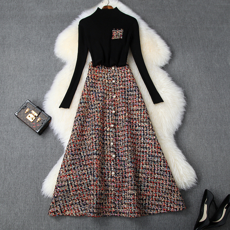 

European and American women's clothing 2019 winter new style Long sleeved black sweater Beaded tweed skirt Fashion suits
