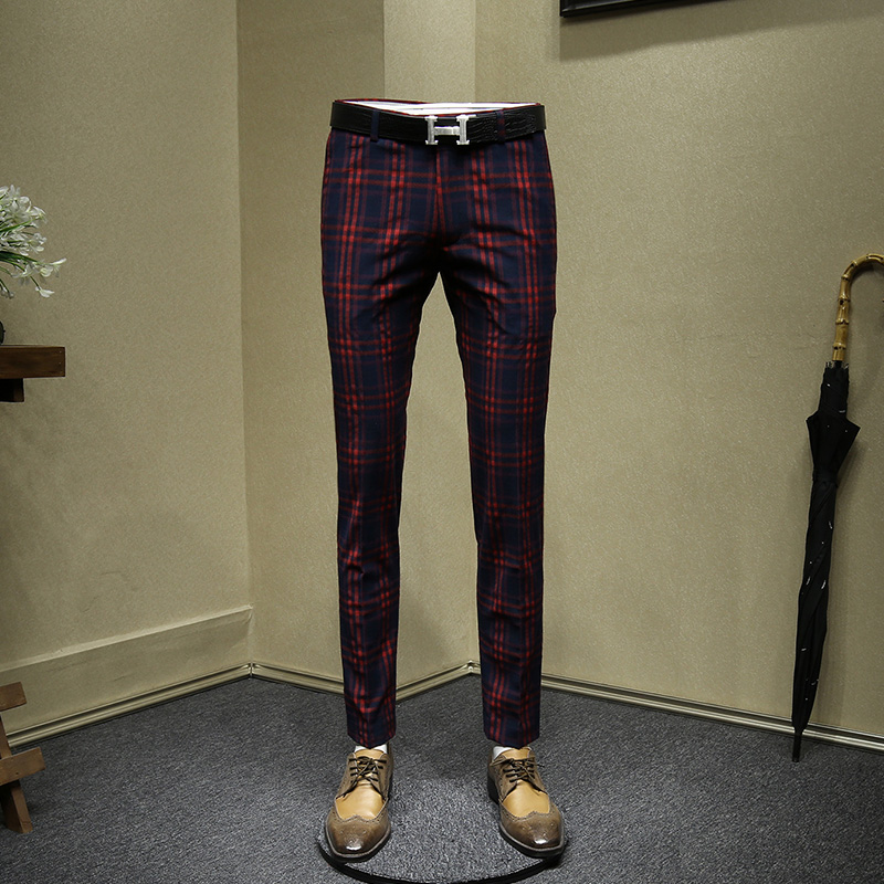 mens dress pants red wedding groom wear slim fit office pants men plaid Korean style fashion business man trousers