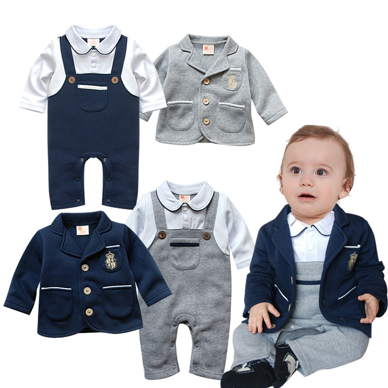 

New Baby Boys Rompers Long Sleeve Turn-down Collar Bow Tie Gentleman Costumes Spring Autumn Cotton Infant Jumpsuits, 032-e