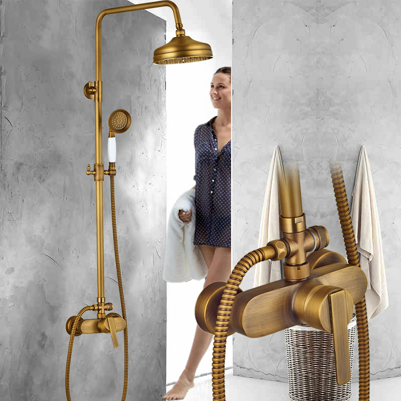 

Antique Brass Shower Mixer Set Single Lever Bath Mixer Tap Rainfall Shower Head Exposed Shower System with Handshower