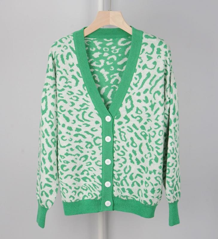 

Women' Leopard Loose Sweater V-neck Long-Sleeve Single Breasted Casual Knitwear Cardigan 2019 Autumn, As show picture