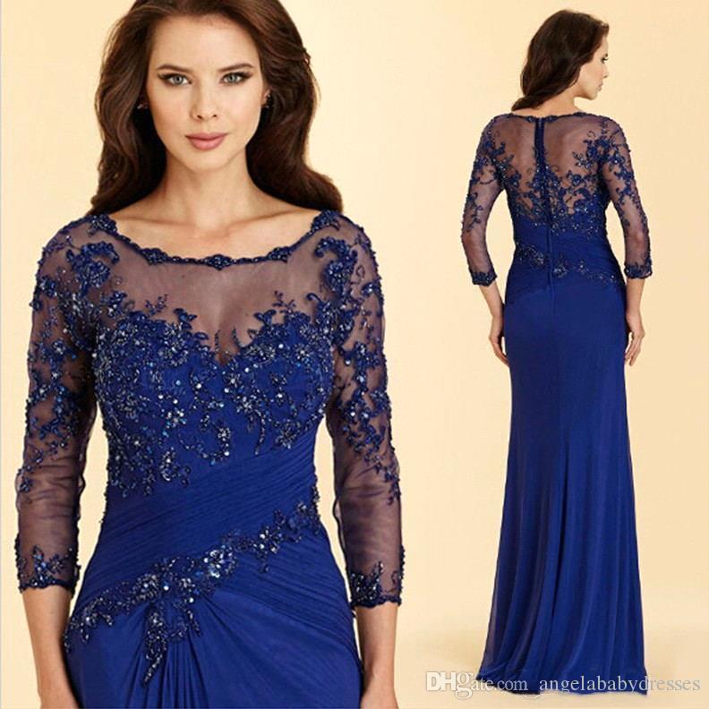 

Modest Royal Blue Mother Dresses Appliques Beaded Sheer Long Sleeve Mother of the Birde Dresses Women Formal Wear