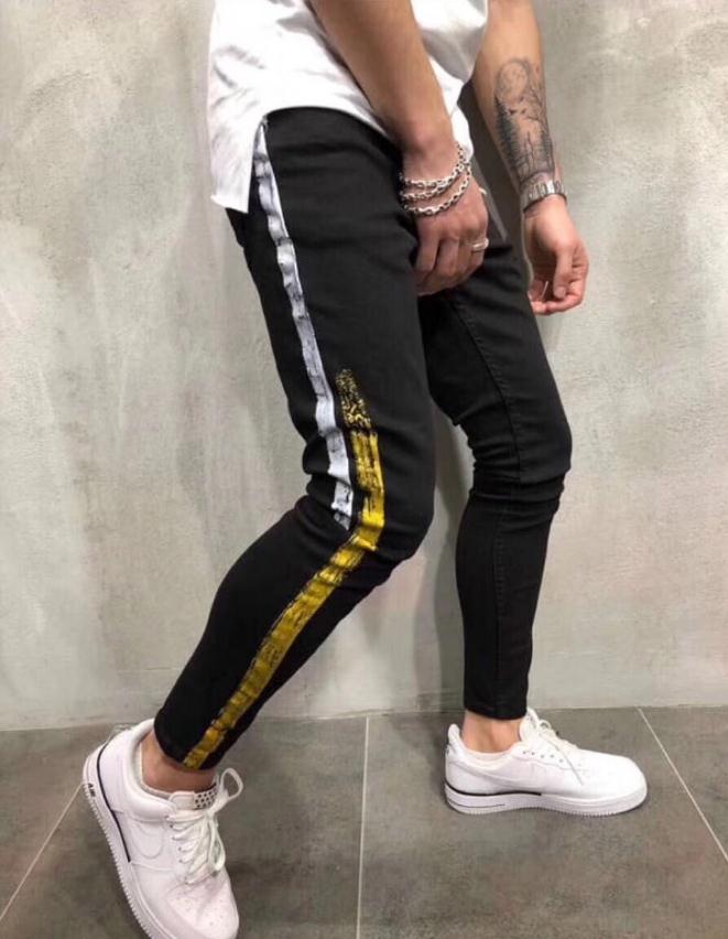 

Brand New Mens Jeans Mens Designer Skinny Ripped Yellow Red Stripes Pants Mens Stretch Slim Biker Jeans, White red