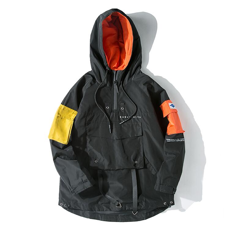 

yizlo anorak jacket windbreaker men jaqueta masculina zipper patchwork jackets streetwear autumn hoody jacket, Black