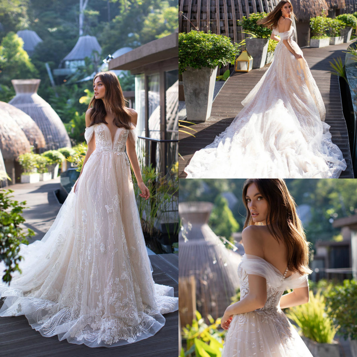 

2019 Milla Nova Summer Lace Wedding Dresses Appliqued Sequins Off Shoulder Boho Bridal Gowns Court Train A Line Bohemian Wedding Dress, Water melon